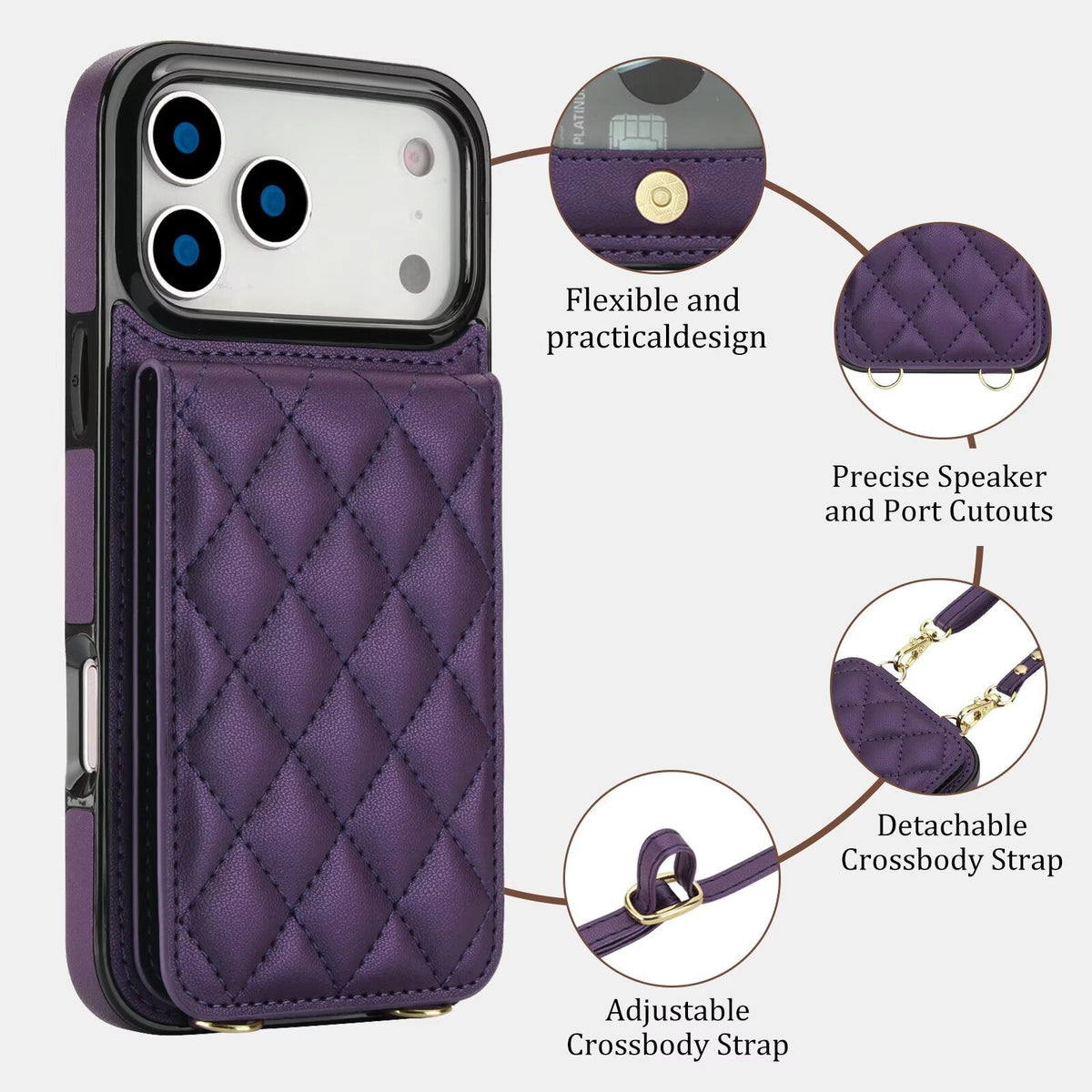 Quilted Leather Wallet Case For iPhone 17-7 Pro Max Flip Card Slot Kickstand Phone Cover With Detachable Lanyard Q6 - QuiltedCases