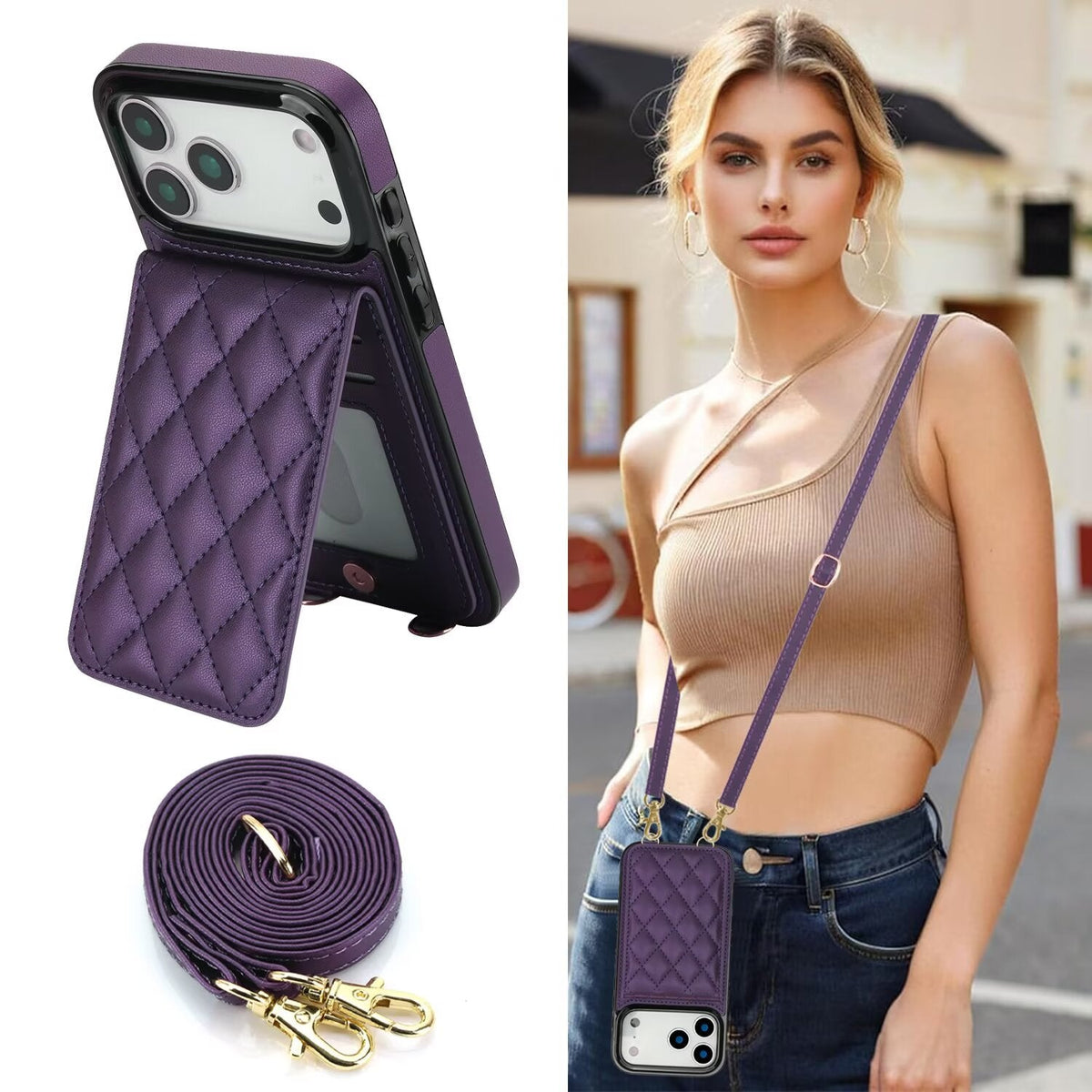 Quilted Leather Wallet Case For iPhone 17-7 Pro Max Flip Card Slot Kickstand Phone Cover With Detachable Lanyard Q6 - QuiltedCases
