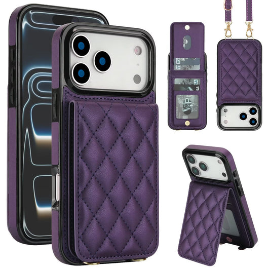 Quilted Leather Wallet Case For iPhone 17-7 Pro Max Flip Card Slot Kickstand Phone Cover With Detachable Lanyard Q6 - QuiltedCases