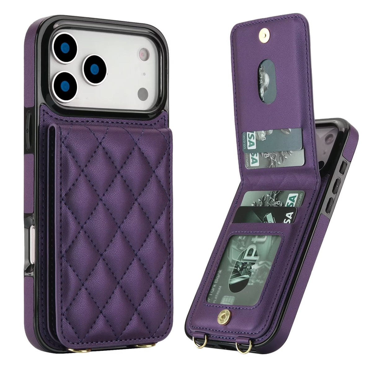 Quilted Leather Wallet Case For iPhone 17-7 Pro Max Flip Card Slot Kickstand Phone Cover With Detachable Lanyard Q6 - QuiltedCases