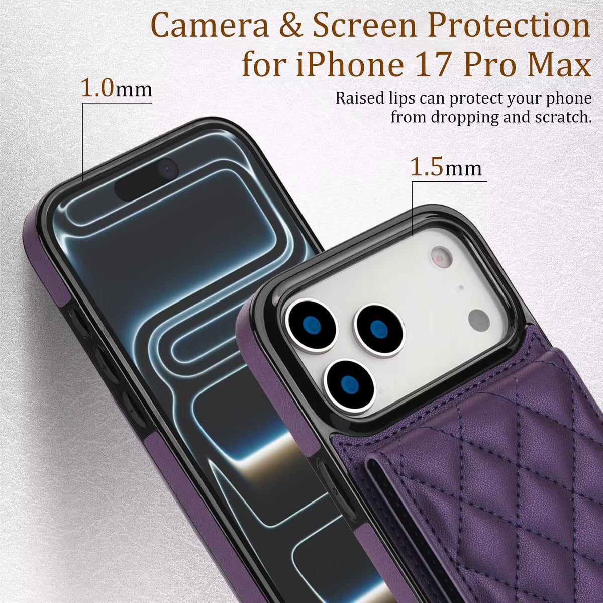 Quilted Leather Wallet Case For iPhone 17-7 Pro Max Flip Card Slot Kickstand Phone Cover With Detachable Lanyard Q6 - QuiltedCases