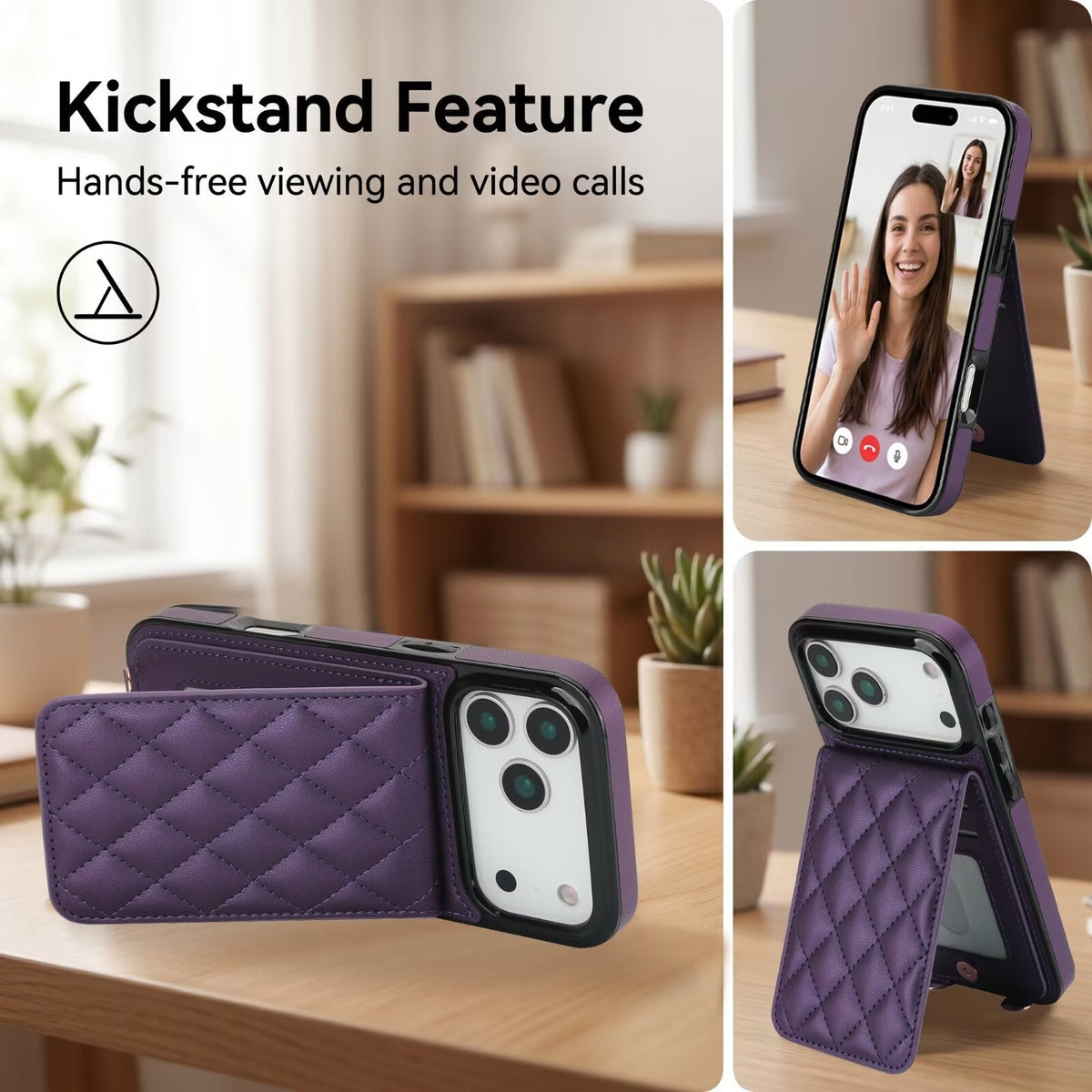 Quilted Leather Wallet Case For iPhone 17-7 Pro Max Flip Card Slot Kickstand Phone Cover With Detachable Lanyard Q6 - QuiltedCases