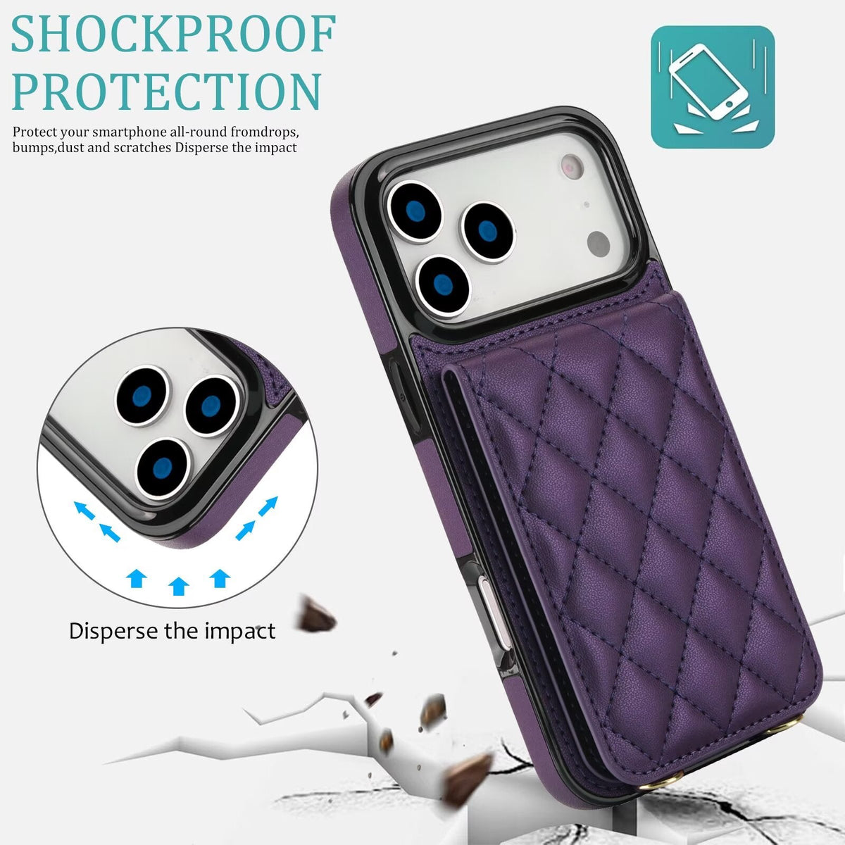 Quilted Leather Wallet Case For iPhone 17-7 Pro Max Flip Card Slot Kickstand Phone Cover With Detachable Lanyard Q6 - QuiltedCases