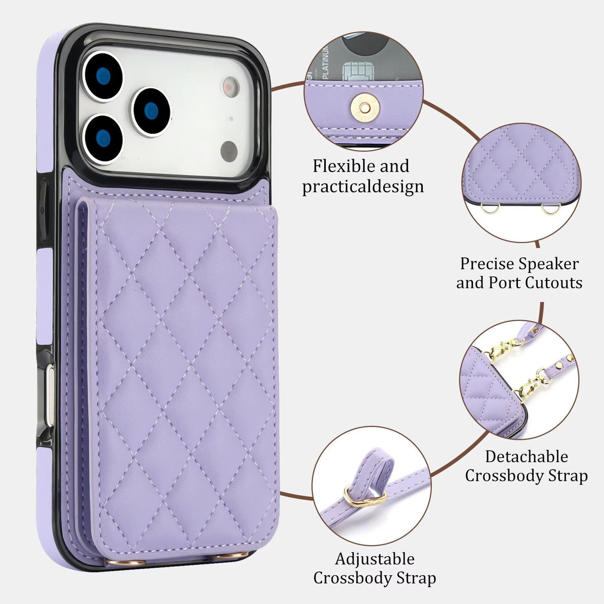 Quilted Leather Wallet Case For iPhone 17-7 Pro Max Flip Card Slot Kickstand Phone Cover With Detachable Lanyard Q7 - QuiltedCases