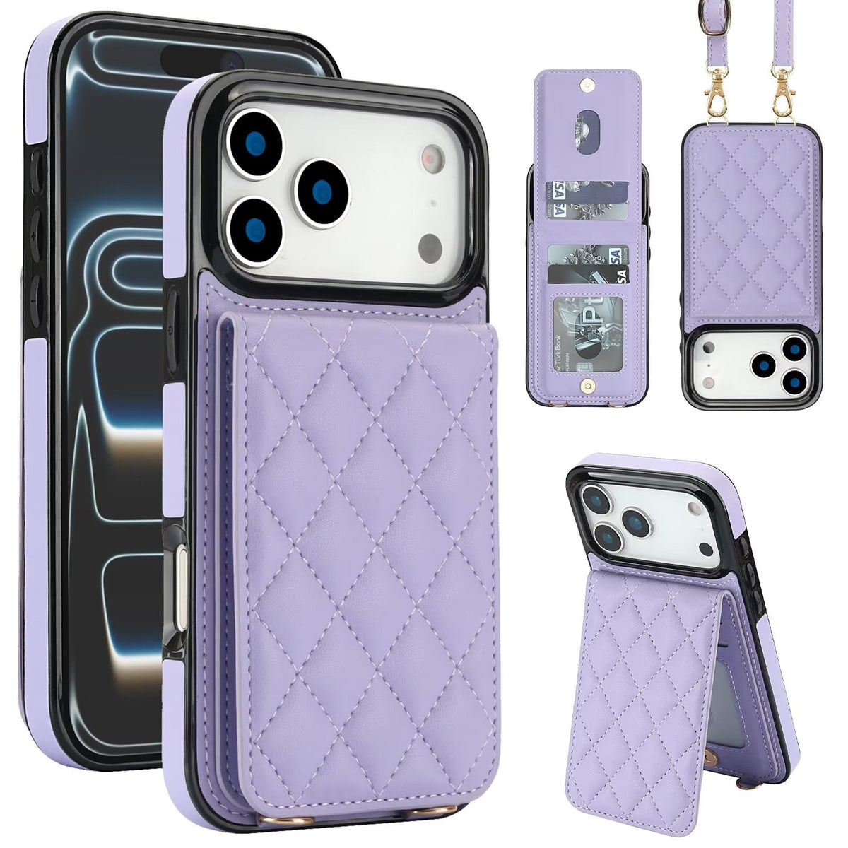 Quilted Leather Wallet Case For iPhone 17-7 Pro Max Flip Card Slot Kickstand Phone Cover With Detachable Lanyard Q7 - QuiltedCases