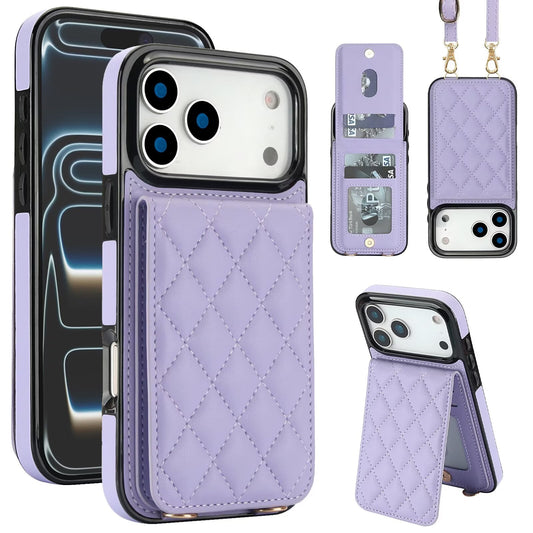 Quilted Leather Wallet Case For iPhone 17-7 Pro Max Flip Card Slot Kickstand Phone Cover With Detachable Lanyard Q7 - QuiltedCases