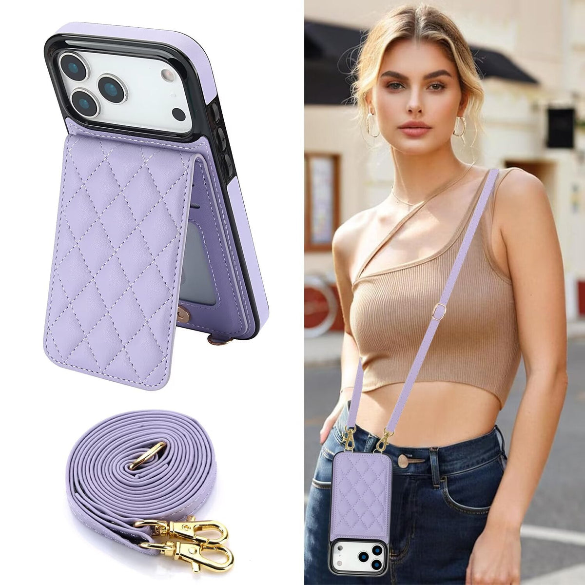 Quilted Leather Wallet Case For iPhone 17-7 Pro Max Flip Card Slot Kickstand Phone Cover With Detachable Lanyard Q7 - QuiltedCases