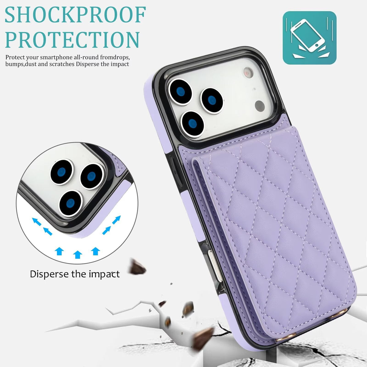 Quilted Leather Wallet Case For iPhone 17-7 Pro Max Flip Card Slot Kickstand Phone Cover With Detachable Lanyard Q7 - QuiltedCases