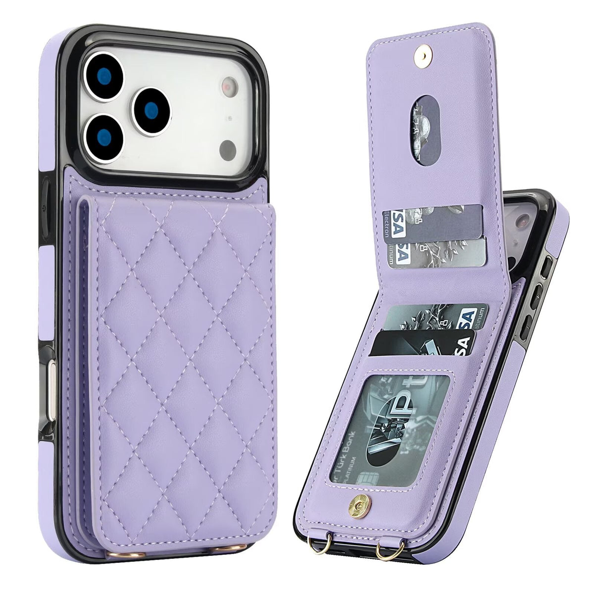 Quilted Leather Wallet Case For iPhone 17-7 Pro Max Flip Card Slot Kickstand Phone Cover With Detachable Lanyard Q7 - QuiltedCases
