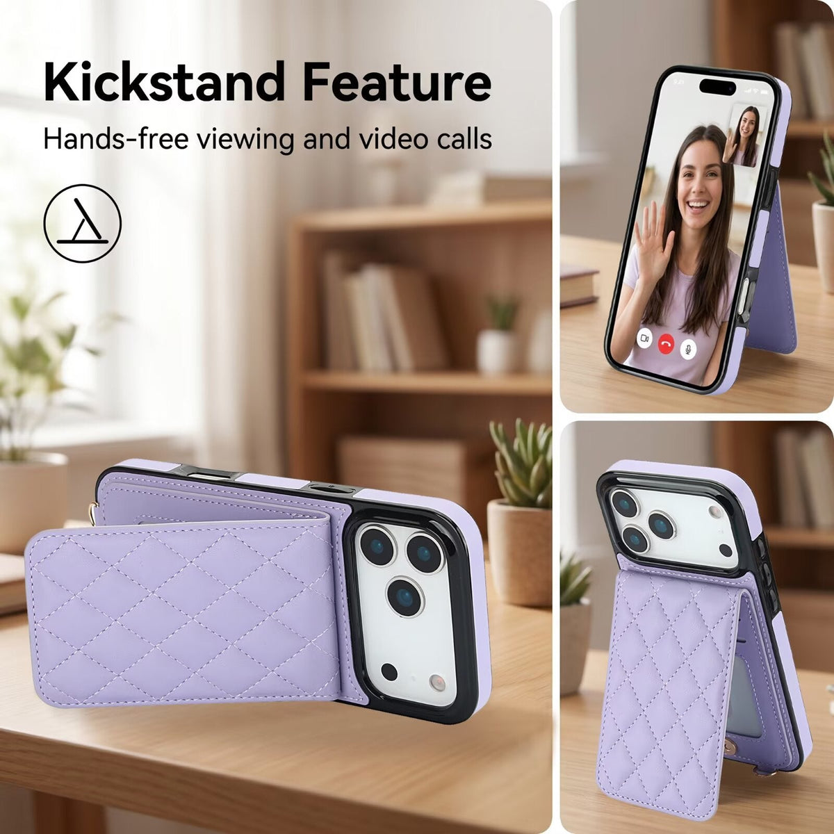 Quilted Leather Wallet Case For iPhone 17-7 Pro Max Flip Card Slot Kickstand Phone Cover With Detachable Lanyard Q7 - QuiltedCases