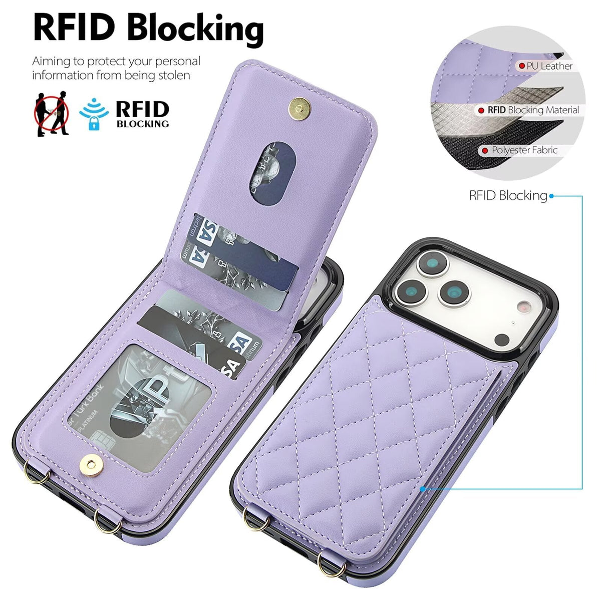 Quilted Leather Wallet Case For iPhone 17-7 Pro Max Flip Card Slot Kickstand Phone Cover With Detachable Lanyard Q7 - QuiltedCases