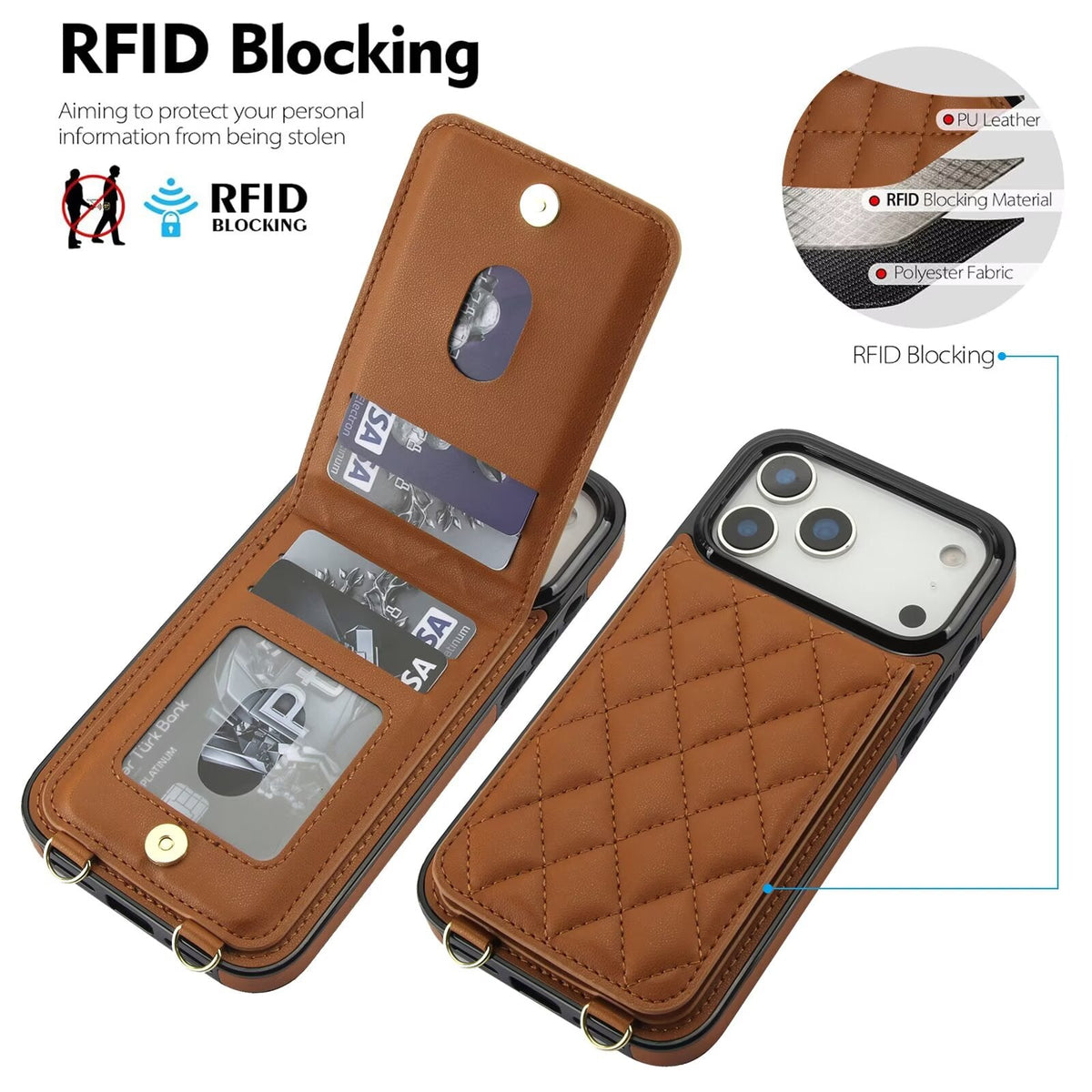 Quilted Leather Wallet Case For iPhone 17-7 Pro Max Flip Card Slot Kickstand Phone Cover With Detachable Lanyard Q8 - QuiltedCases