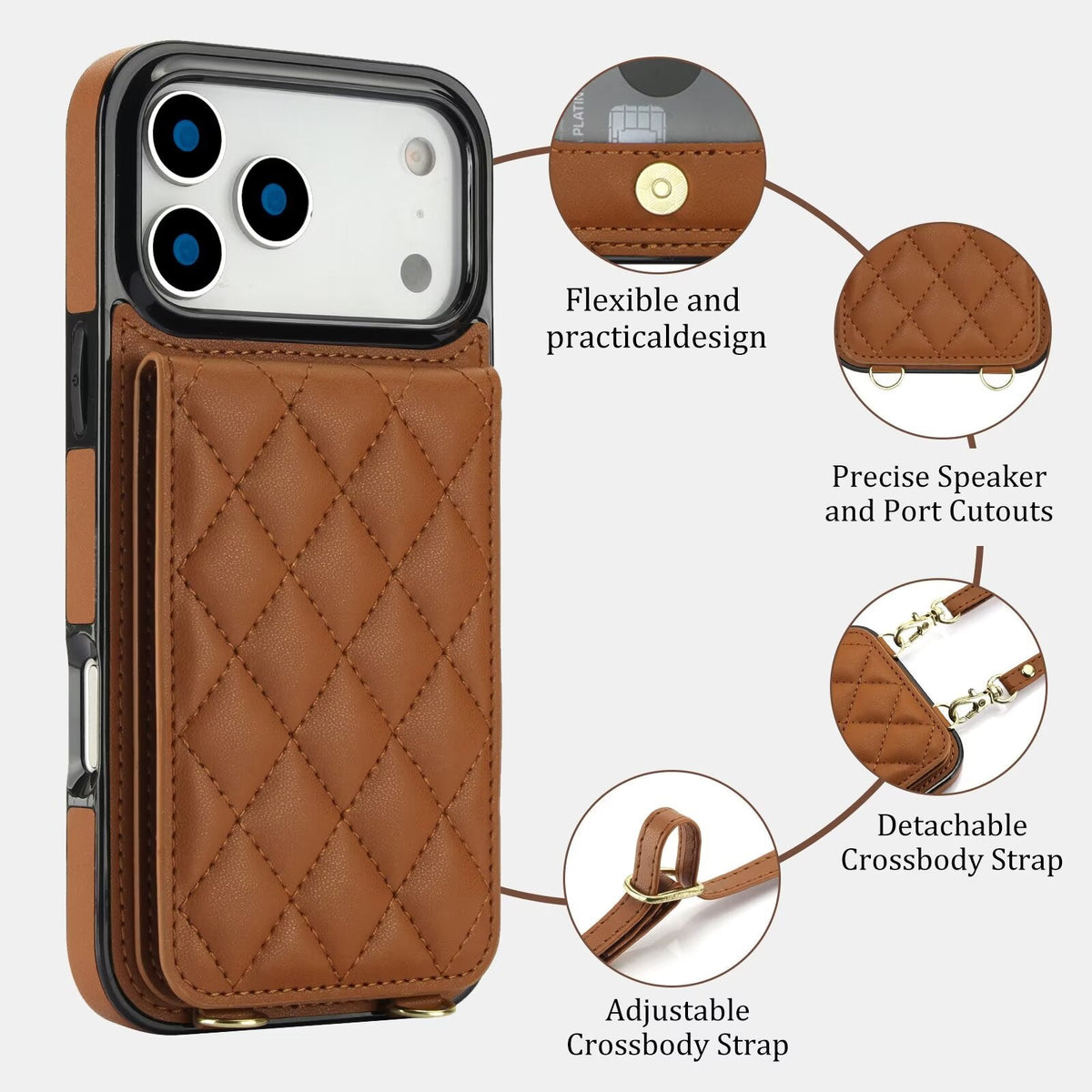 Quilted Leather Wallet Case For iPhone 17-7 Pro Max Flip Card Slot Kickstand Phone Cover With Detachable Lanyard Q8 - QuiltedCases