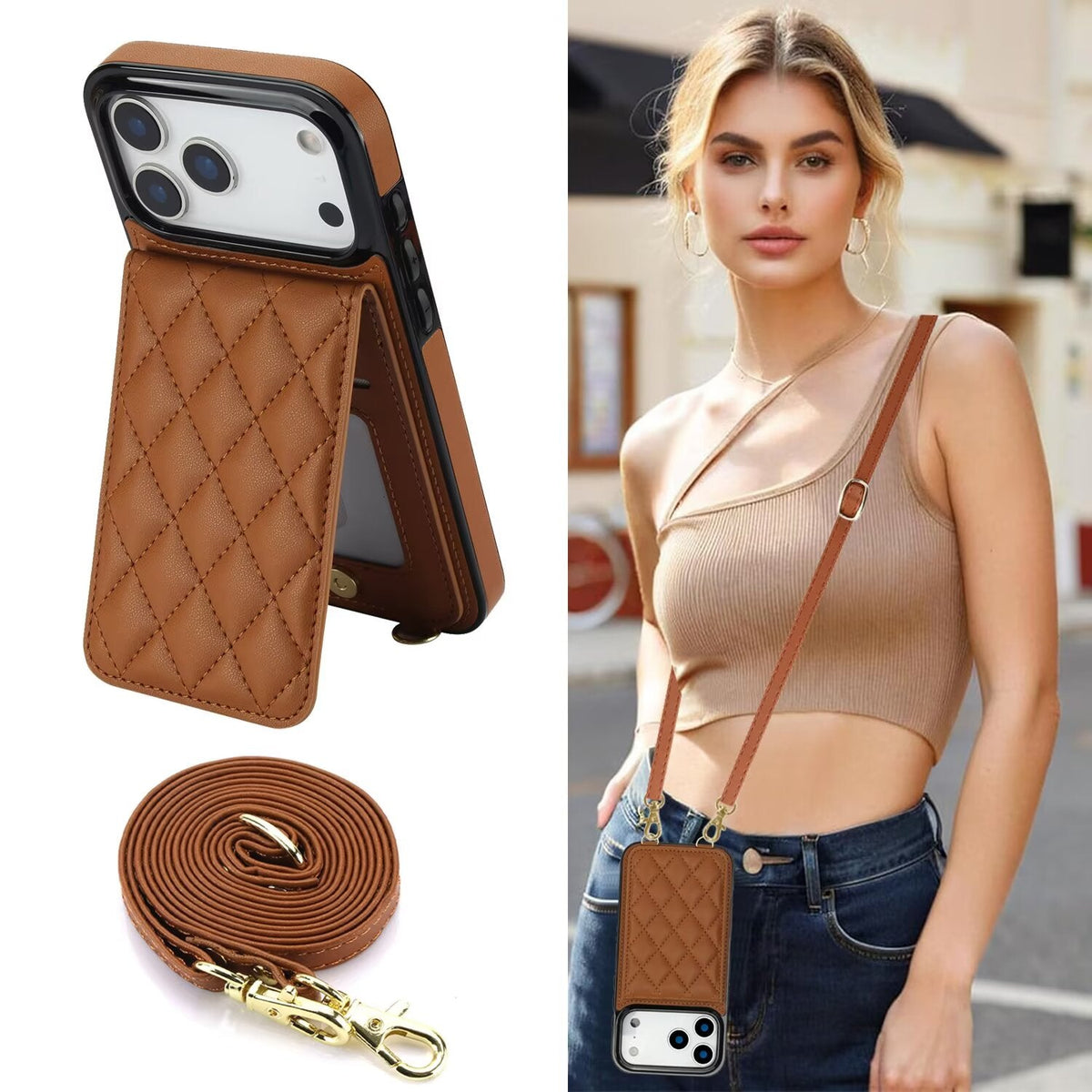 Quilted Leather Wallet Case For iPhone 17-7 Pro Max Flip Card Slot Kickstand Phone Cover With Detachable Lanyard Q8 - QuiltedCases