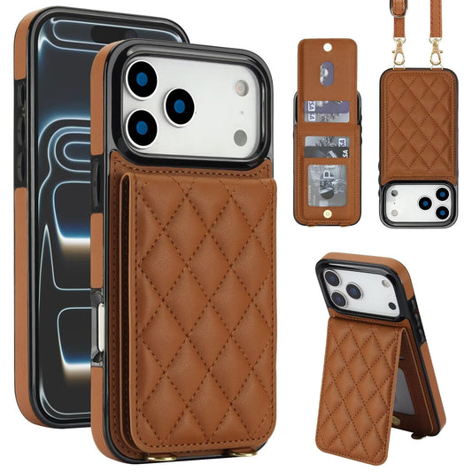 Quilted Leather Wallet Case For iPhone 17-7 Pro Max Flip Card Slot Kickstand Phone Cover With Detachable Lanyard Q8 - QuiltedCases