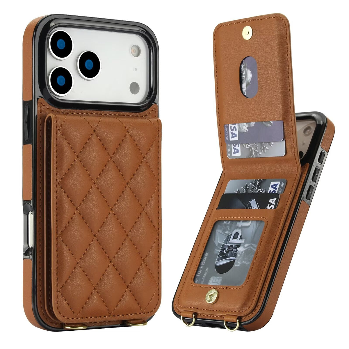 Quilted Leather Wallet Case For iPhone 17-7 Pro Max Flip Card Slot Kickstand Phone Cover With Detachable Lanyard Q8 - QuiltedCases
