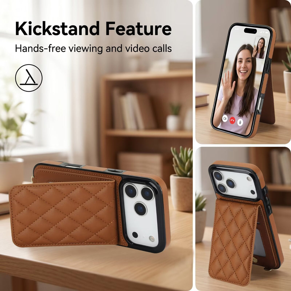 Quilted Leather Wallet Case For iPhone 17-7 Pro Max Flip Card Slot Kickstand Phone Cover With Detachable Lanyard Q8 - QuiltedCases