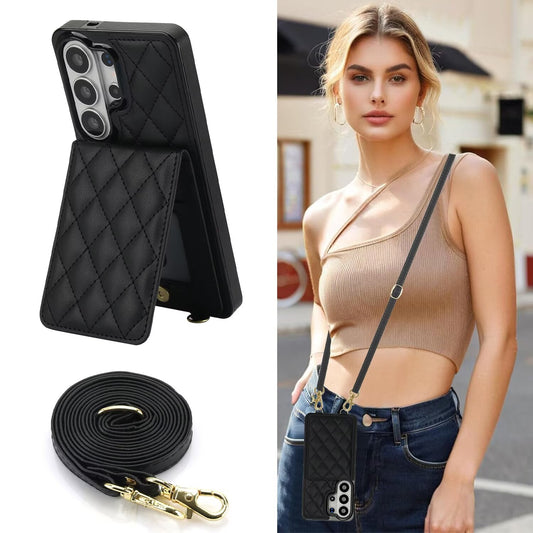 Quilted Leather Wallet Case for Samsung Galaxy S21-S26 Note20 A12-A57 RFID Card Holder Kickstand Crossbody Cover Q40 - QuiltedCases