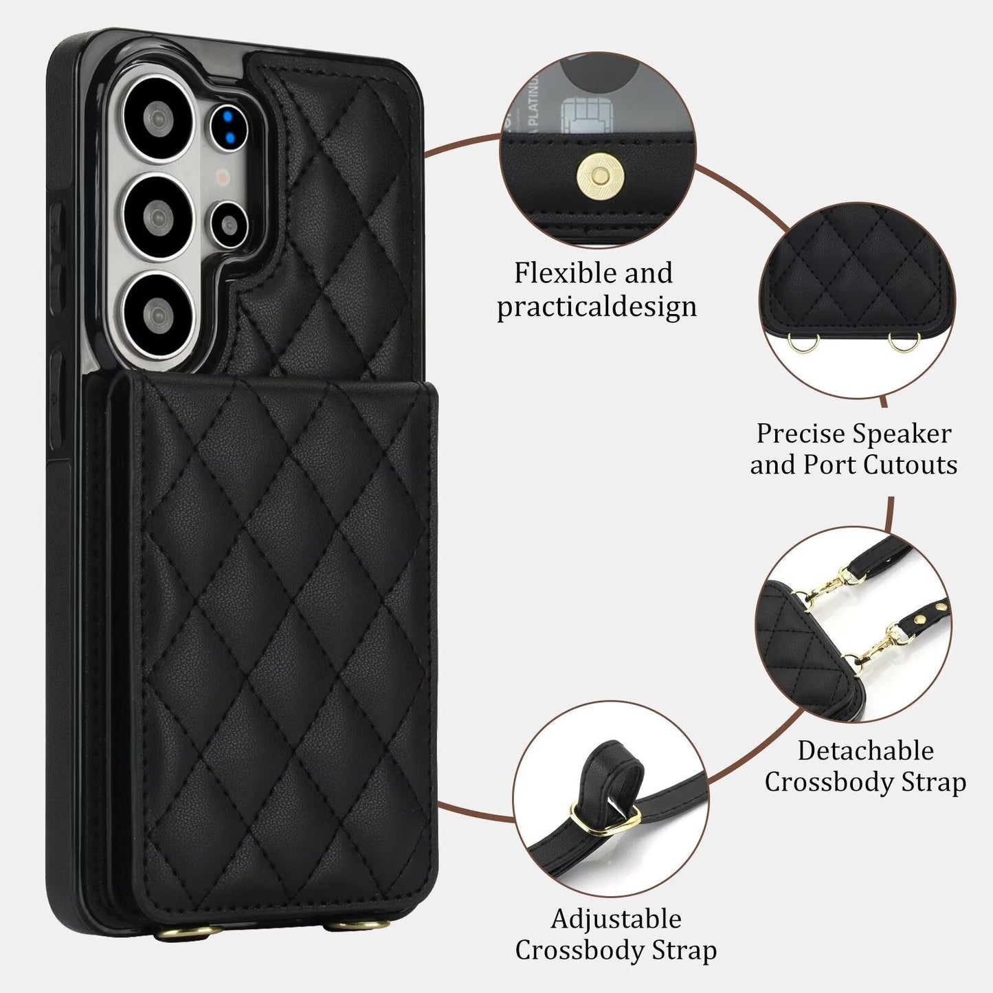 Quilted Leather Wallet Case for Samsung Galaxy S21-S26 Note20 A12-A57 RFID Card Holder Kickstand Crossbody Cover Q40 - QuiltedCases