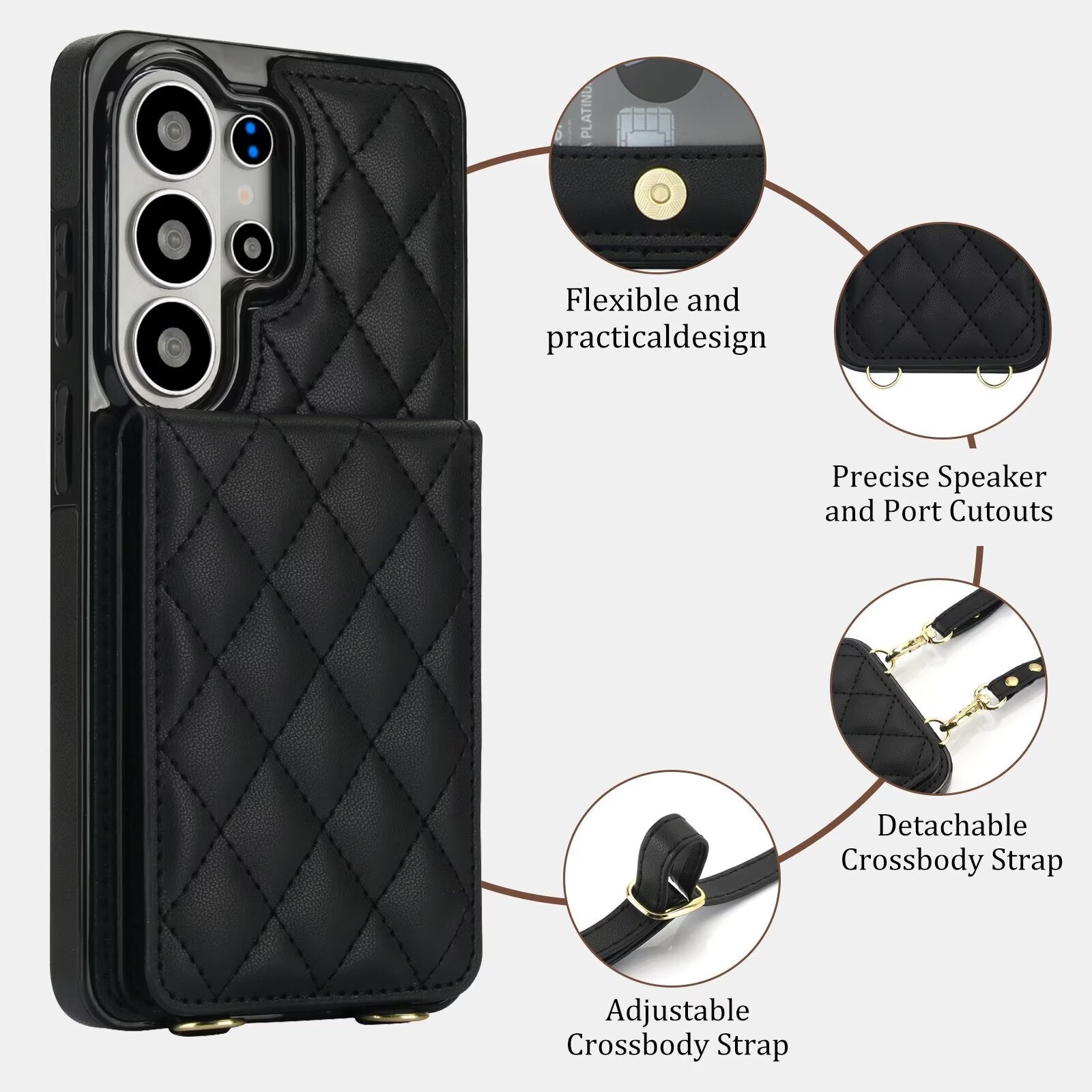 Quilted Leather Wallet Case for Samsung Galaxy S21-S26 Note20 A12-A57 RFID Card Holder Kickstand Crossbody Cover Q40 - QuiltedCases