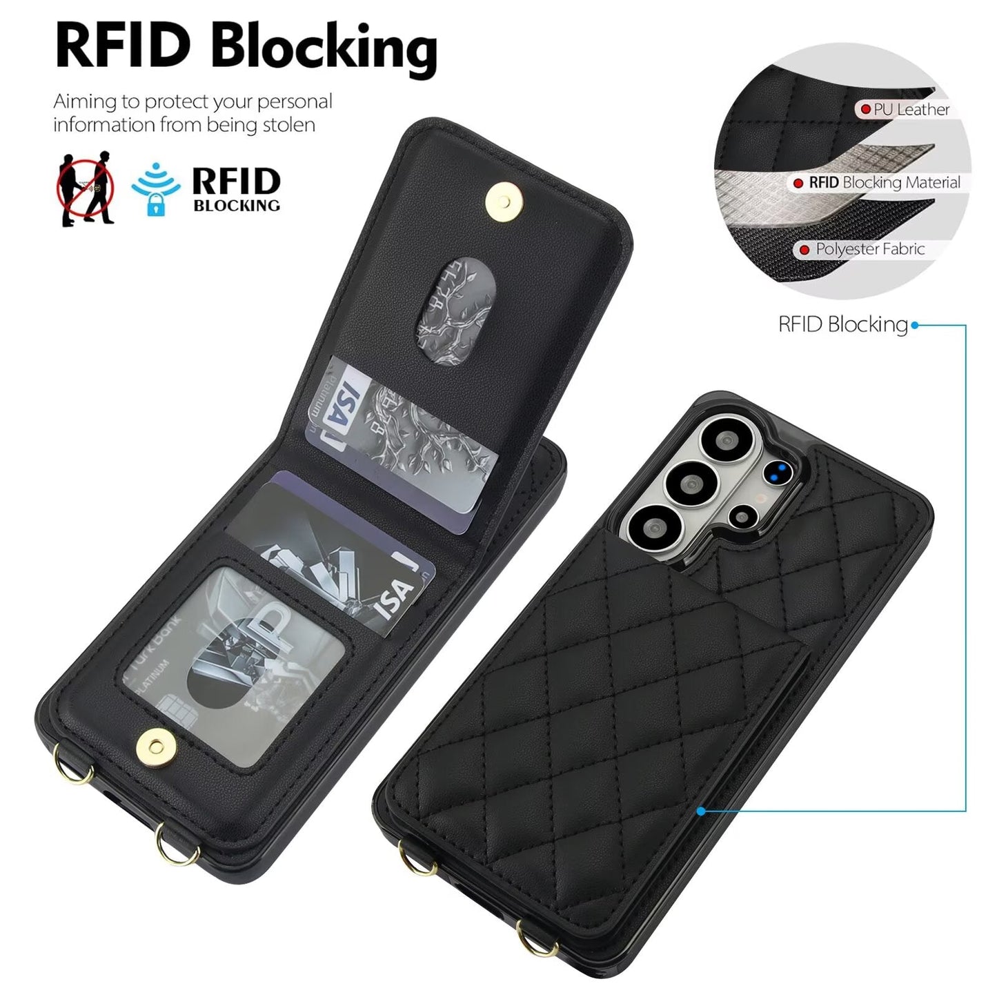Quilted Leather Wallet Case for Samsung Galaxy S21-S26 Note20 A12-A57 RFID Card Holder Kickstand Crossbody Cover Q40 - QuiltedCases