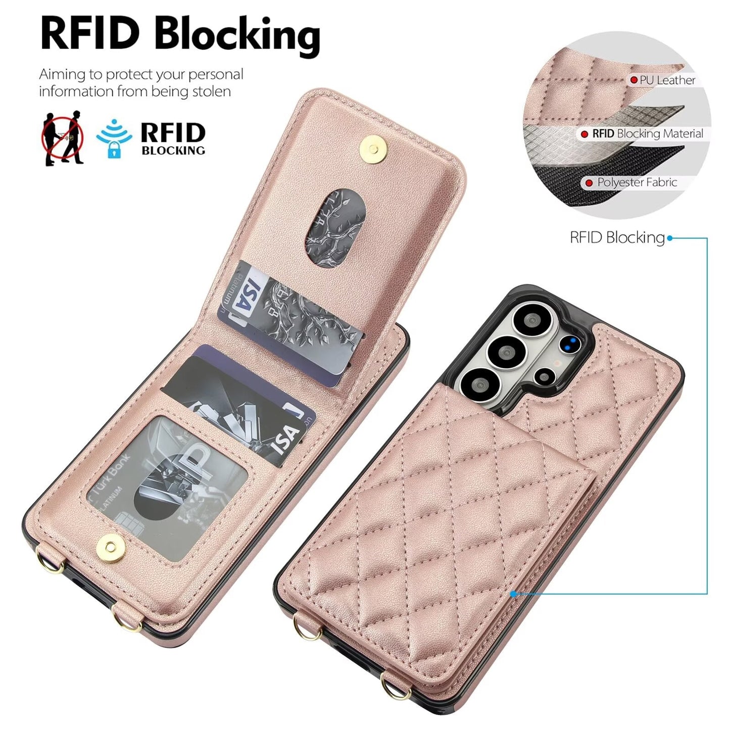Quilted Leather Wallet Case for Samsung Galaxy S21-S26 Note20 A12-A57 RFID Card Holder Kickstand Crossbody Cover Q44 - QuiltedCases