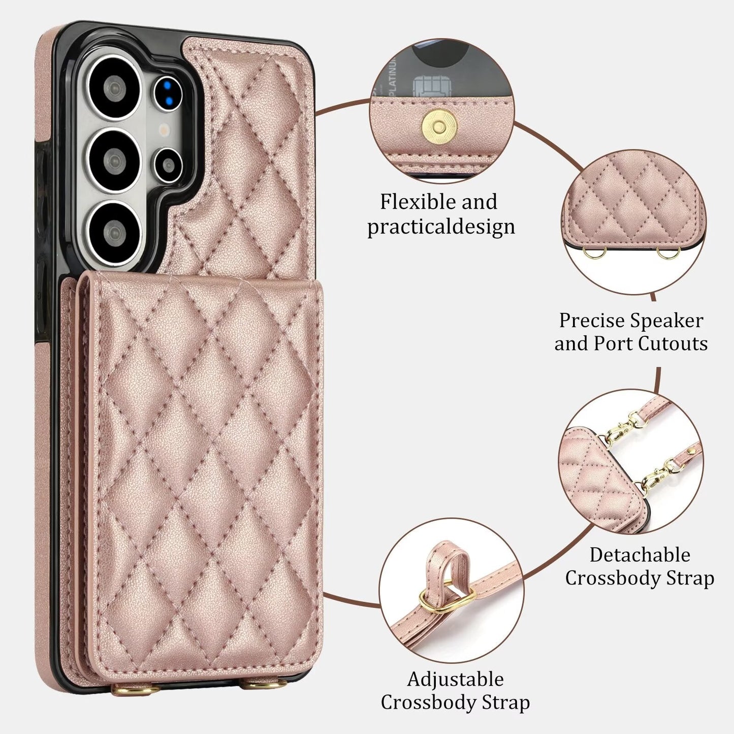 Quilted Leather Wallet Case for Samsung Galaxy S21-S26 Note20 A12-A57 RFID Card Holder Kickstand Crossbody Cover Q44 - QuiltedCases
