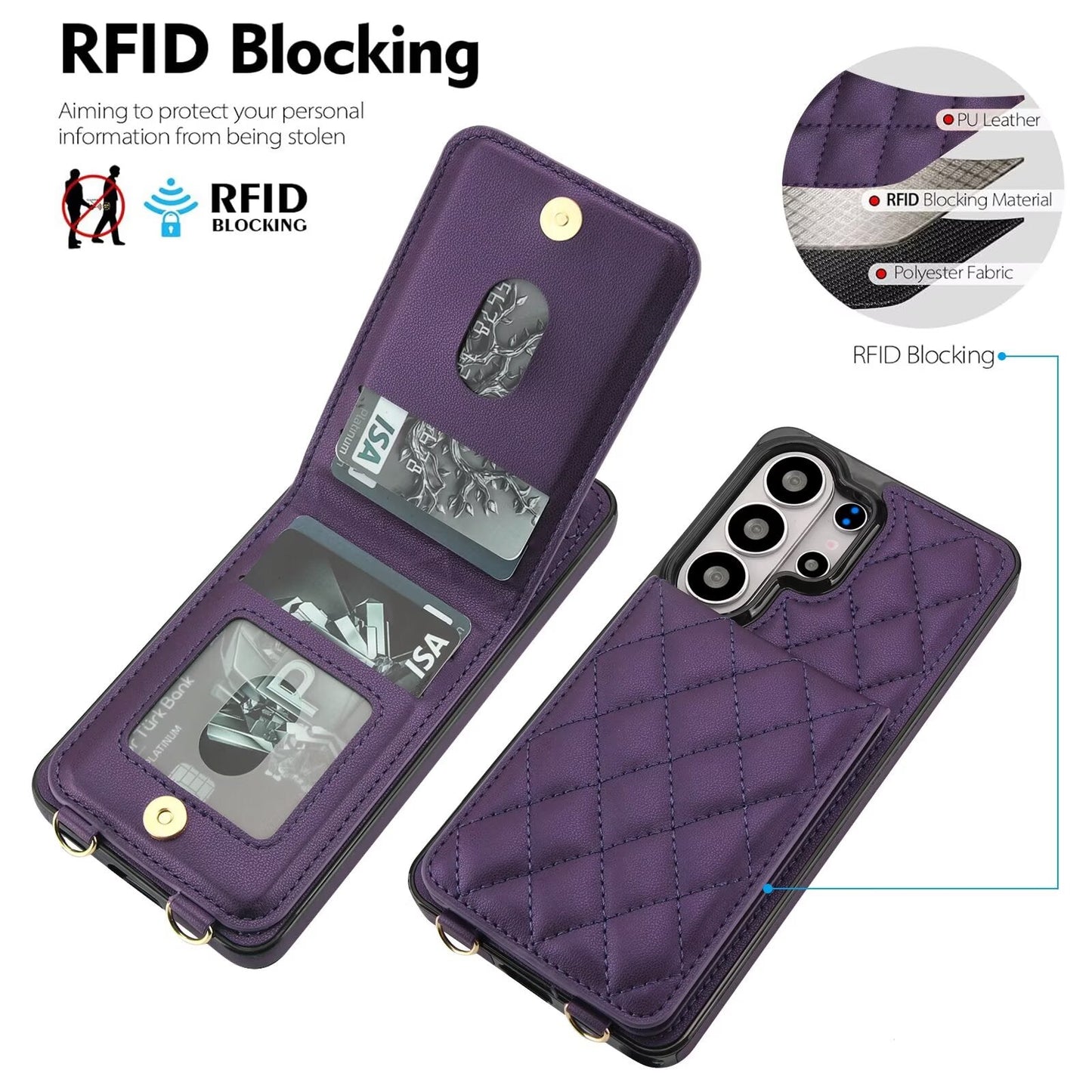 Quilted Leather Wallet Case for Samsung Galaxy S21-S26 Note20 A12-A57 RFID Card Holder Kickstand Crossbody Cover Q45 - QuiltedCases