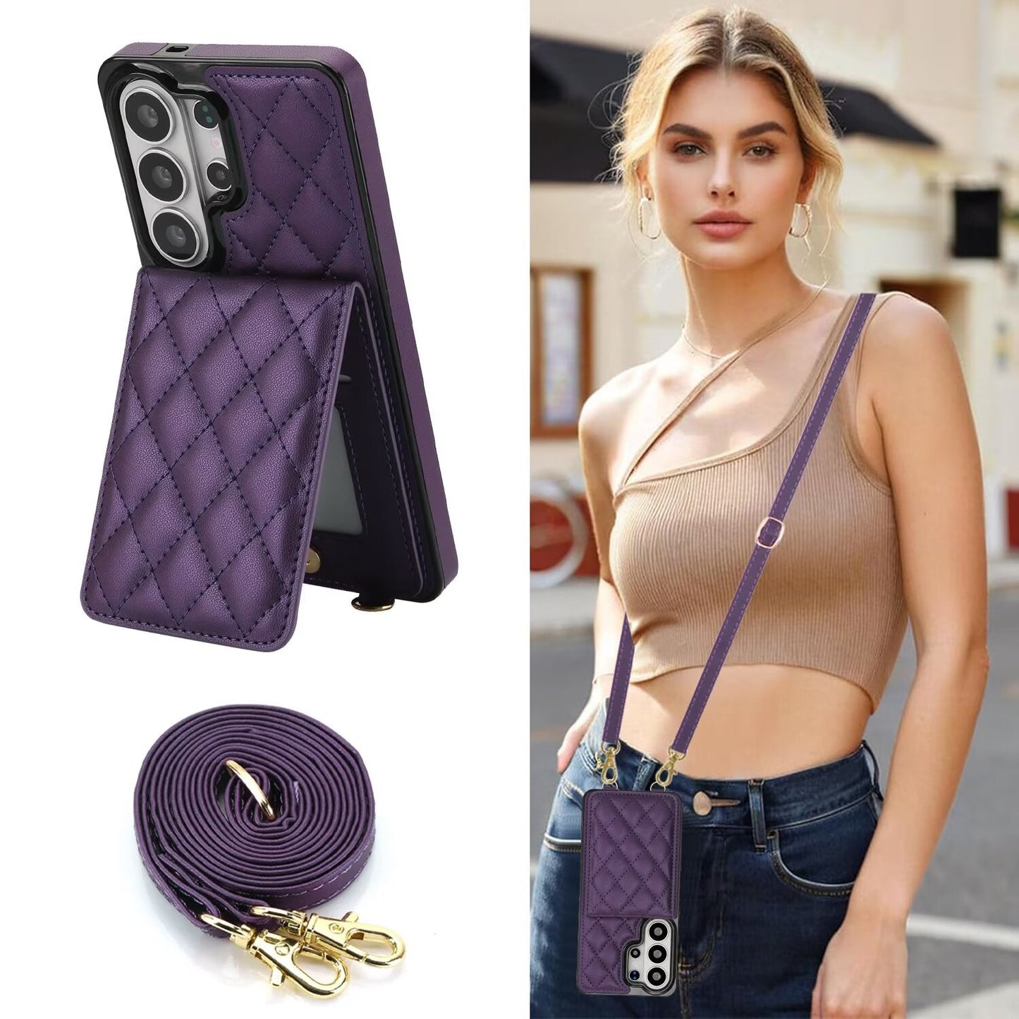 Quilted Leather Wallet Case for Samsung Galaxy S21-S26 Note20 A12-A57 RFID Card Holder Kickstand Crossbody Cover Q45 - QuiltedCases