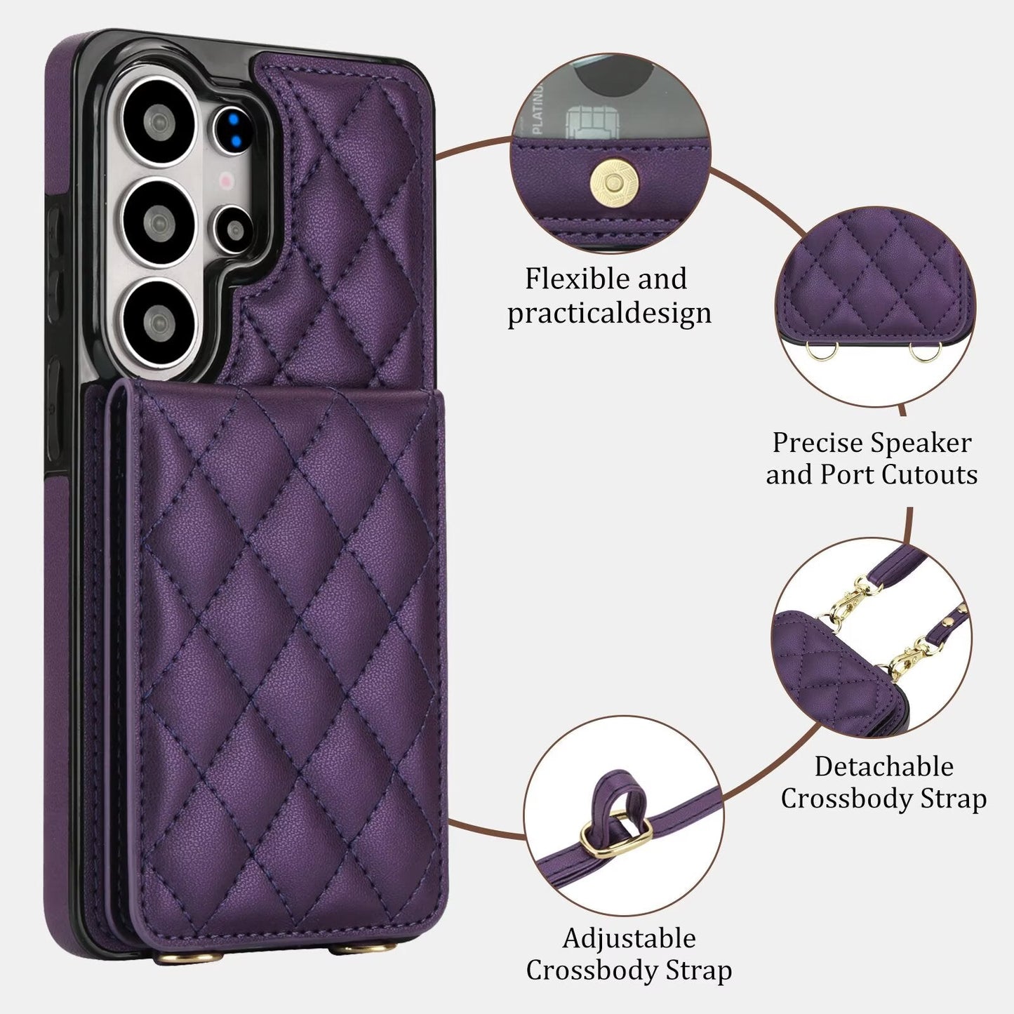 Quilted Leather Wallet Case for Samsung Galaxy S21-S26 Note20 A12-A57 RFID Card Holder Kickstand Crossbody Cover Q45 - QuiltedCases