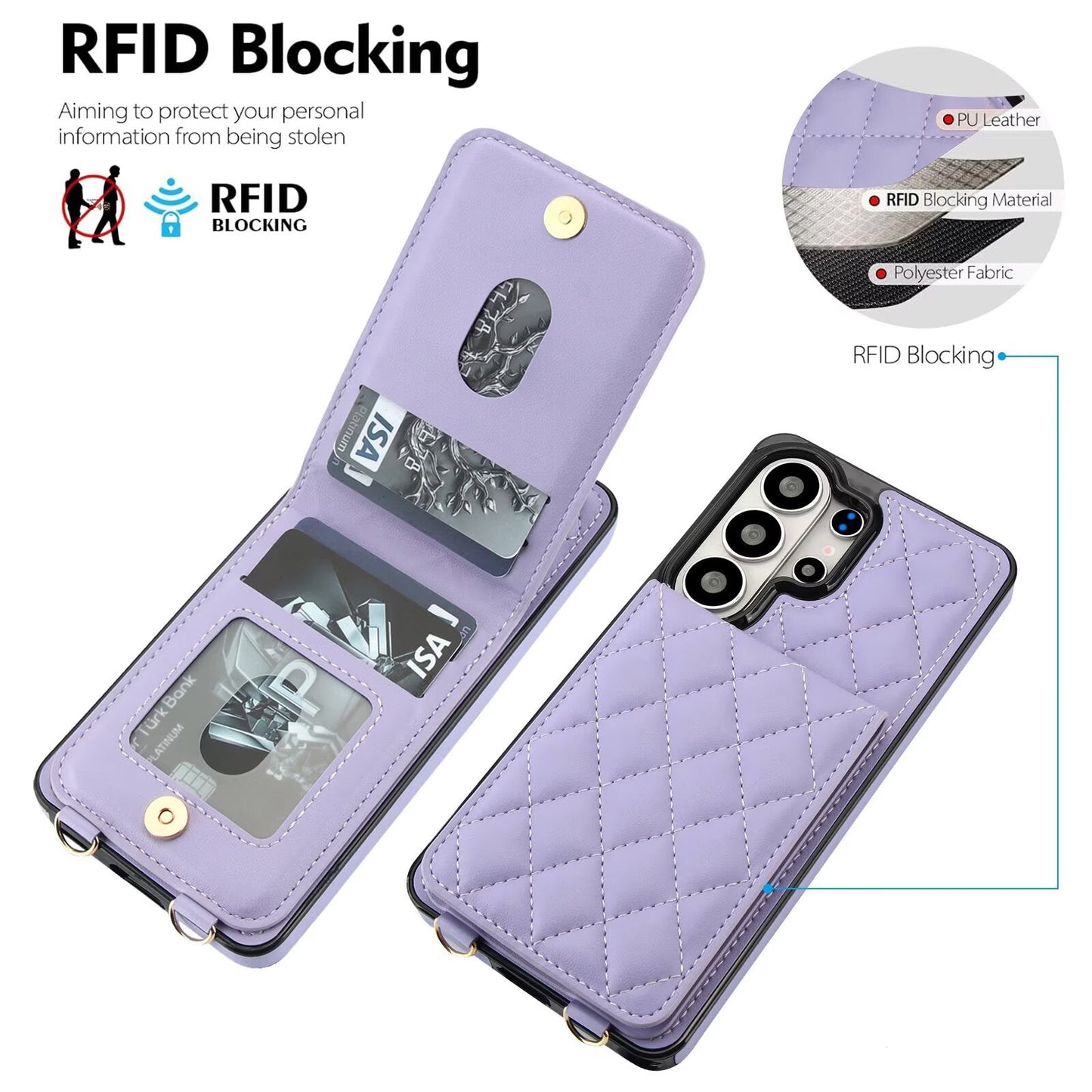 Quilted Leather Wallet Case for Samsung Galaxy S21-S26 Note20 A12-A57 RFID Card Holder Kickstand Crossbody Cover Q46 - QuiltedCases