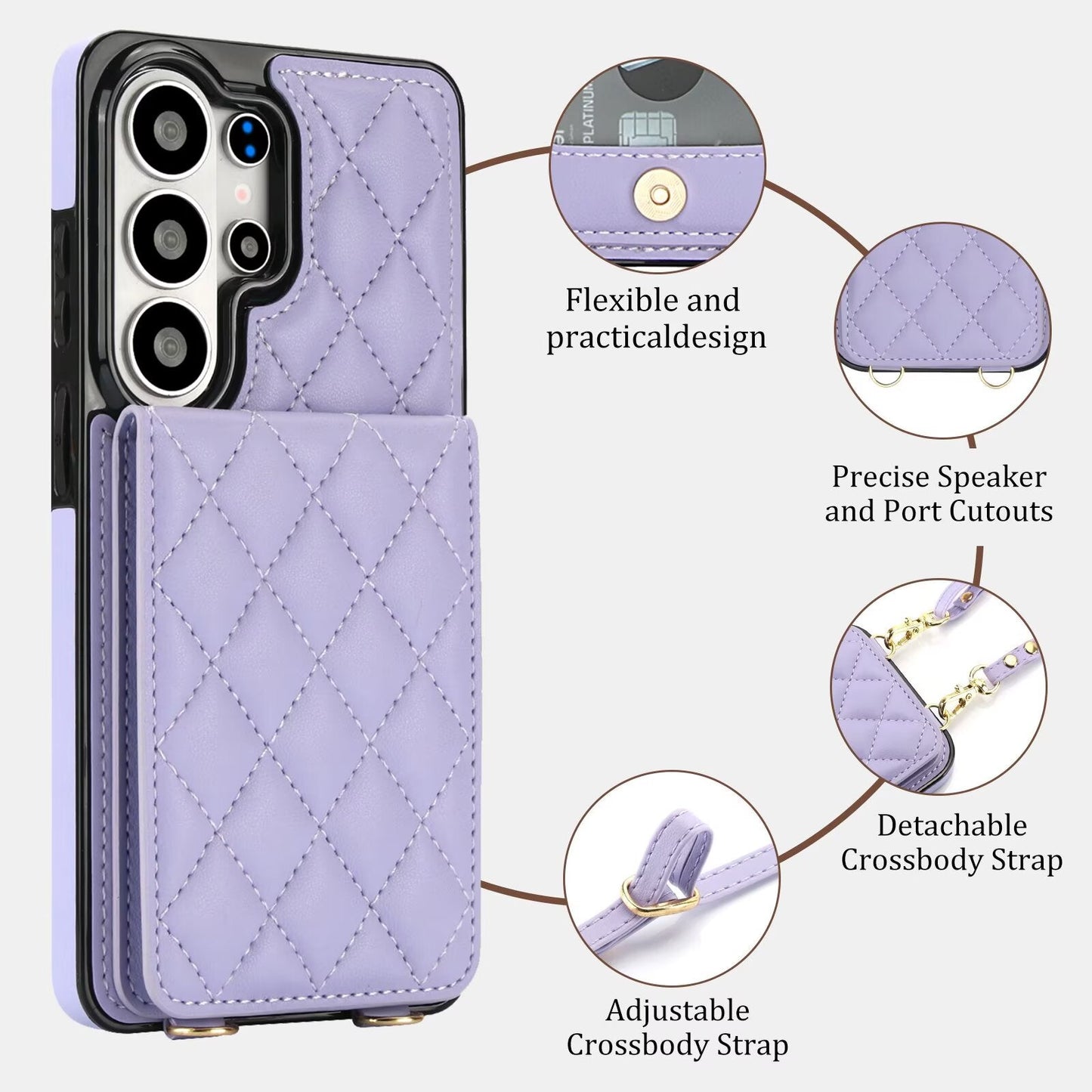 Quilted Leather Wallet Case for Samsung Galaxy S21-S26 Note20 A12-A57 RFID Card Holder Kickstand Crossbody Cover Q46 - QuiltedCases