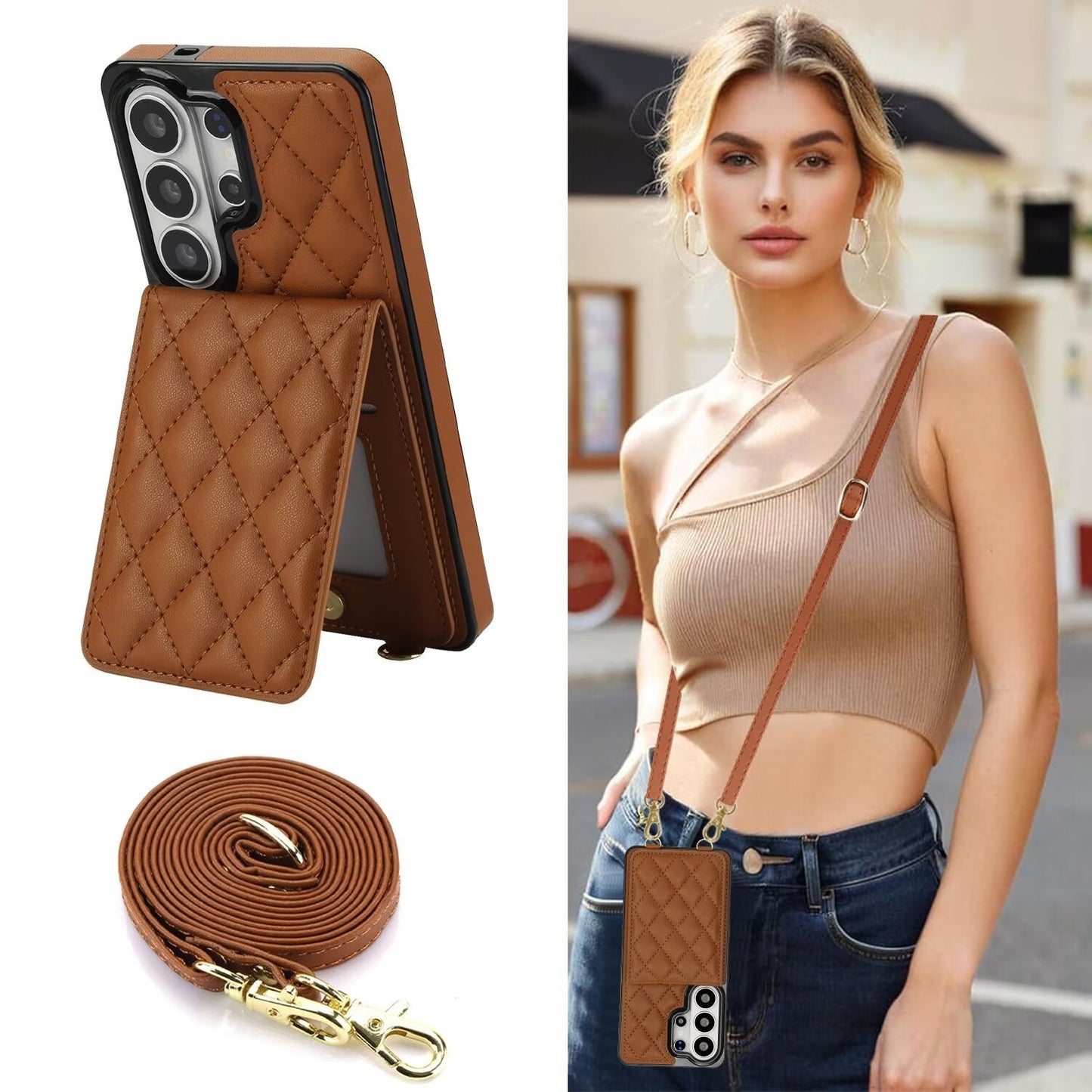 Quilted Leather Wallet Case for Samsung Galaxy S21-S26 Note20 A12-A57 RFID Card Holder Kickstand Crossbody Cover Q47 - QuiltedCases