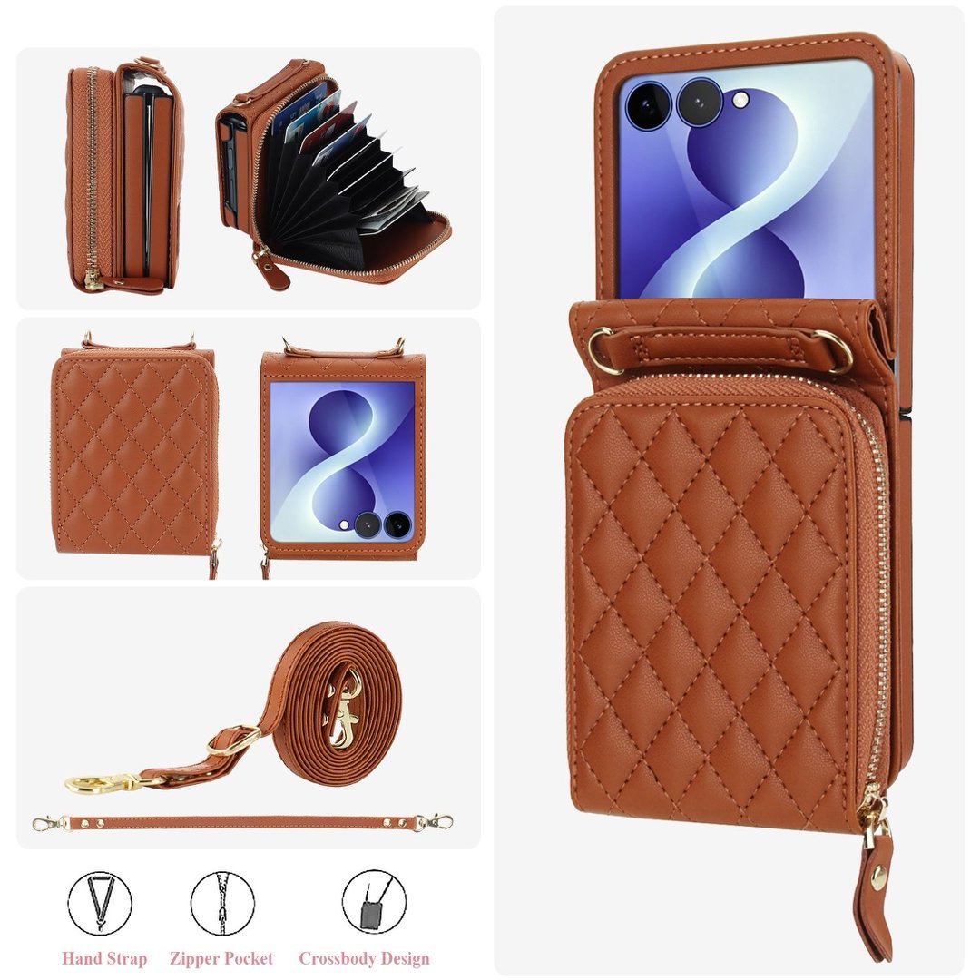 Zipper Quilted Leather Crossbody Wallet Case Samsung Z Flip3-Flip8 Card Pocket Cover Q61 - QuiltedCases