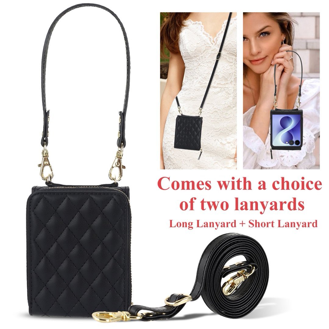 Zipper Quilted Leather Crossbody Wallet Case Samsung Z Flip3-Flip8 Card Pocket Cover Q61 - QuiltedCases