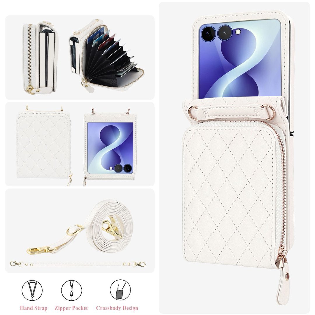 Zipper Quilted Leather Crossbody Wallet Case Samsung Z Flip3-Flip8 Card Pocket Cover Q61 - QuiltedCases