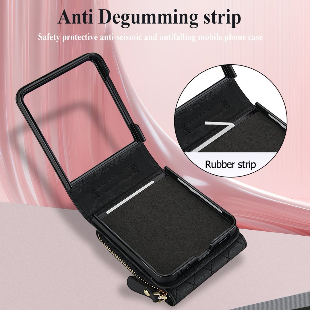Zipper Quilted Leather Crossbody Wallet Case Samsung Z Flip3-Flip8 Card Pocket Cover Q61 - QuiltedCases