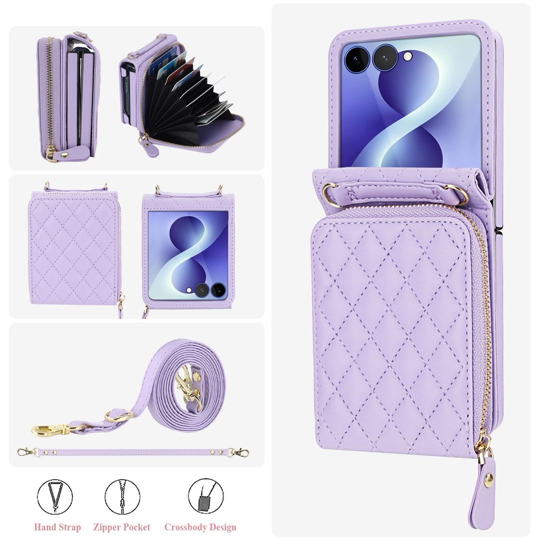 Zipper Quilted Leather Crossbody Wallet Case Samsung Z Flip3-Flip8 Card Pocket Cover Q61 - QuiltedCases