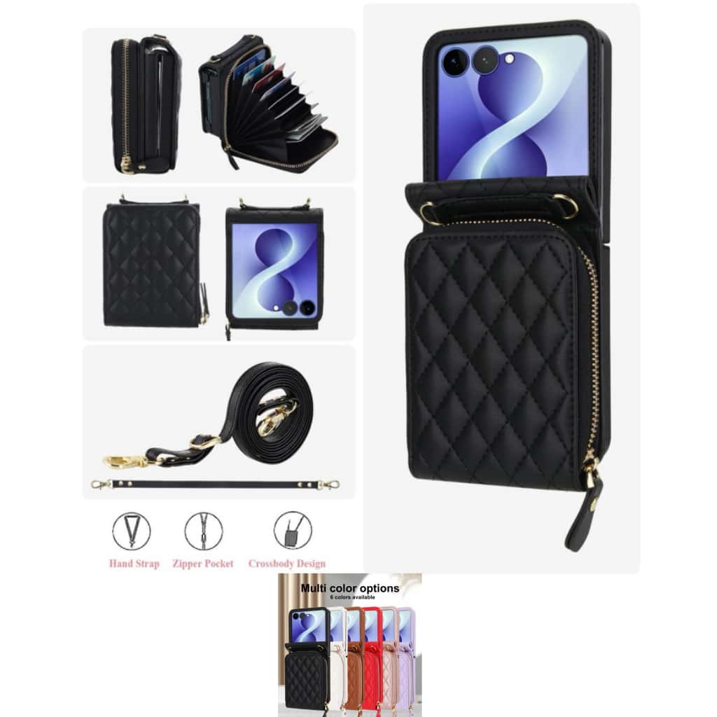 Zipper Quilted Leather Crossbody Wallet Case Samsung Z Flip3-Flip8 Card Pocket Cover Q61 - QuiltedCases