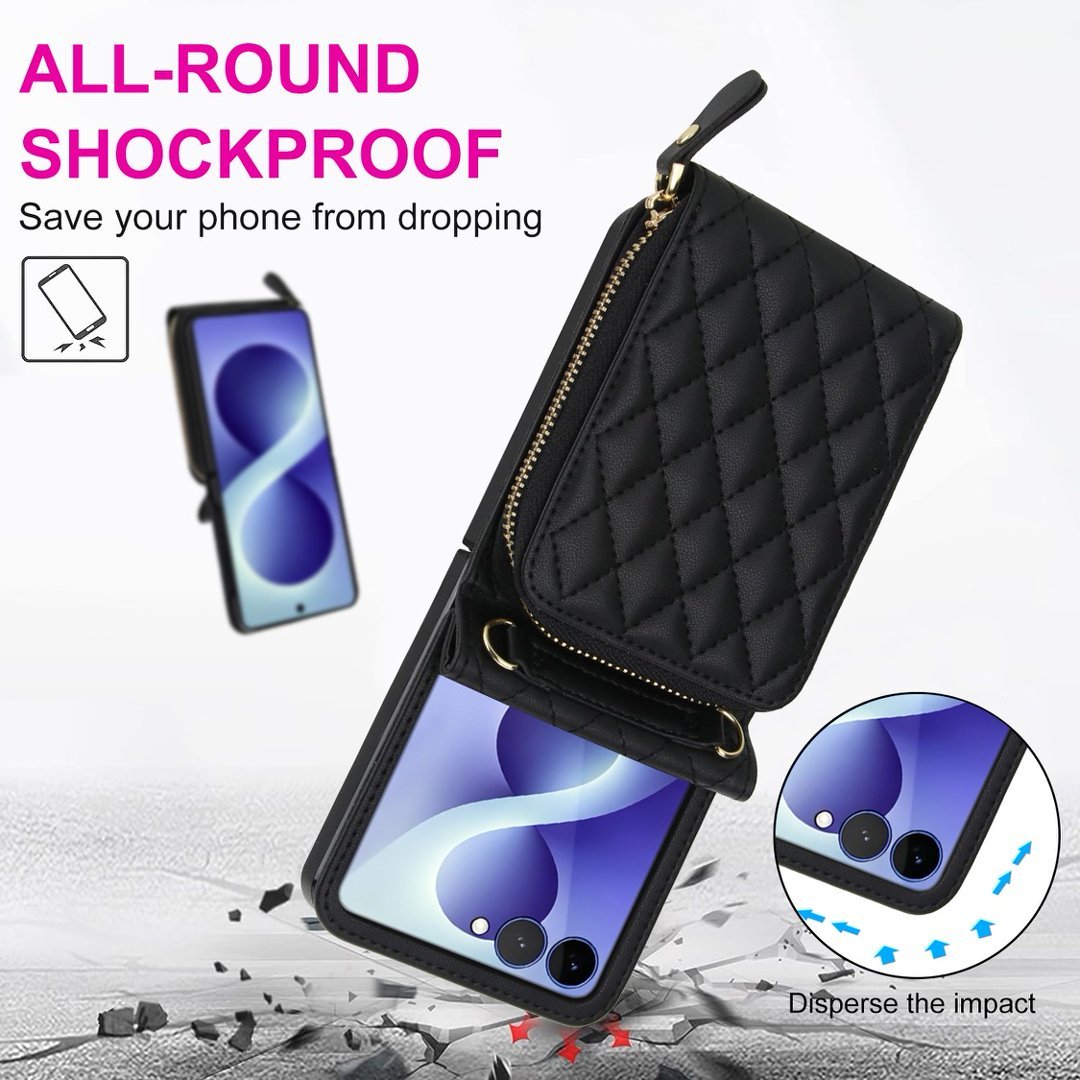 Zipper Quilted Leather Crossbody Wallet Case Samsung Z Flip3-Flip8 Card Pocket Cover Q61 - QuiltedCases