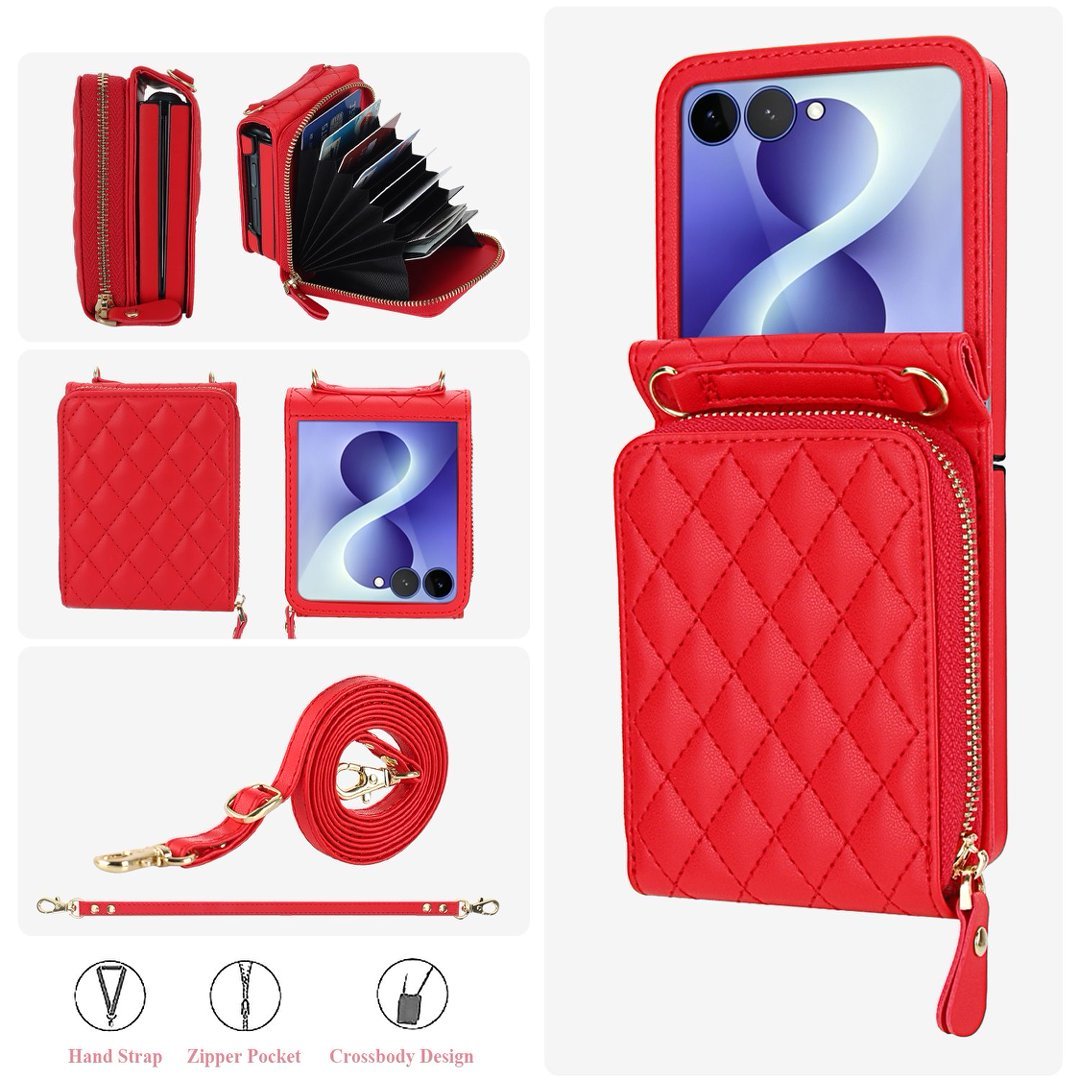 Zipper Quilted Leather Crossbody Wallet Case Samsung Z Flip3-Flip8 Card Pocket Cover Q61 - QuiltedCases