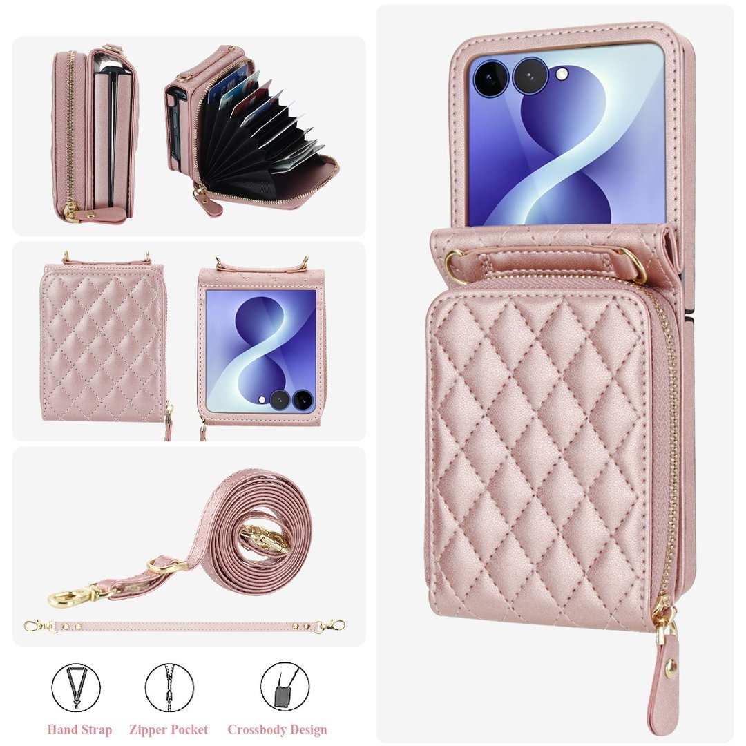 Zipper Quilted Leather Crossbody Wallet Case Samsung Z Flip3-Flip8 Card Pocket Cover Q61 - QuiltedCases